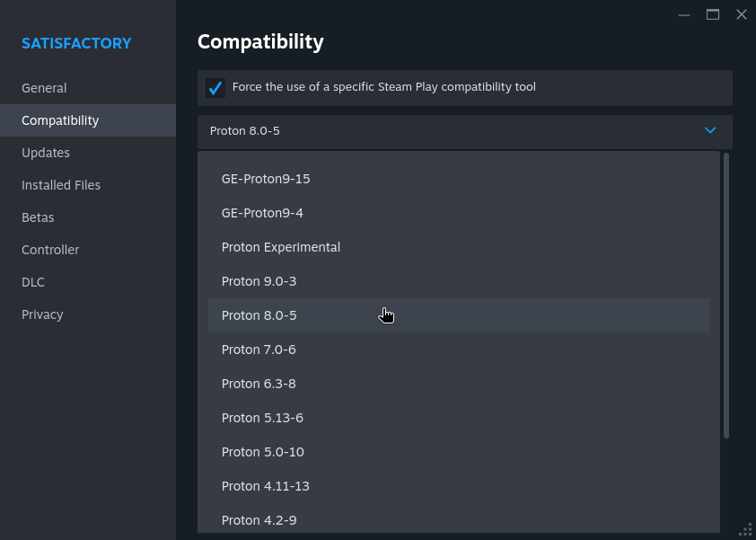 Screenshot showing a dropdown menu of Proton versions with Proton 8.0-5 highlighted